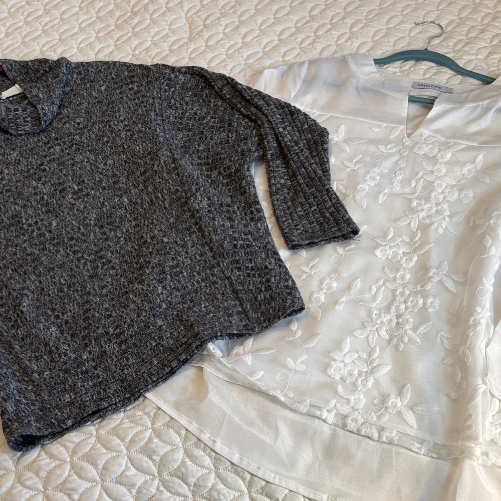 Ember Gray Princess Seam T-Neck and Misslook White Sheer Layered Dressy Blouse